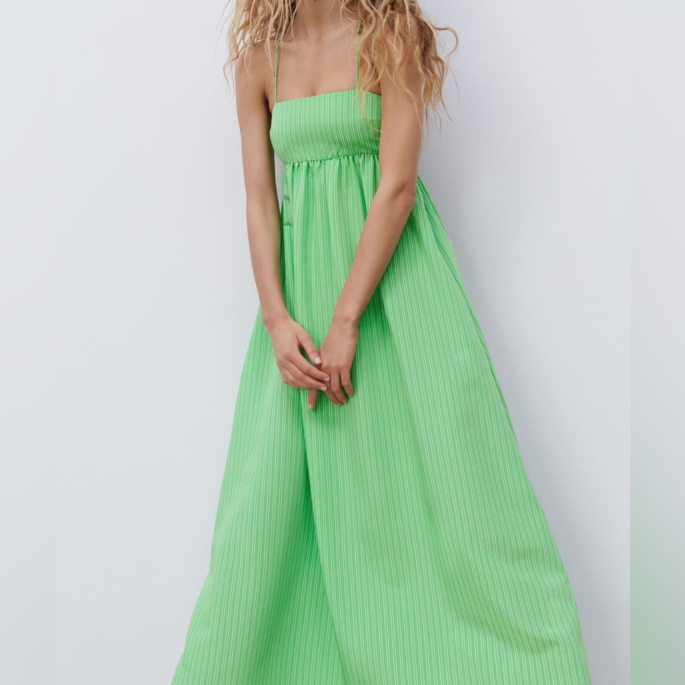 Zara - Green Striped Midi Dress